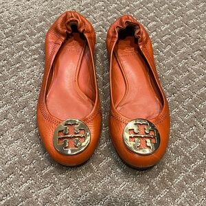 Tory Burch Orange Leather Ballet Flats with Gold Logo Size 7